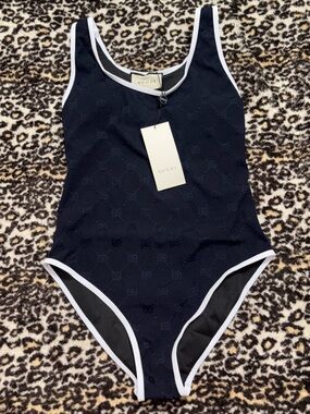Gucci Dark Navy TerryCloth One-Piece Swimsuit with White Trim